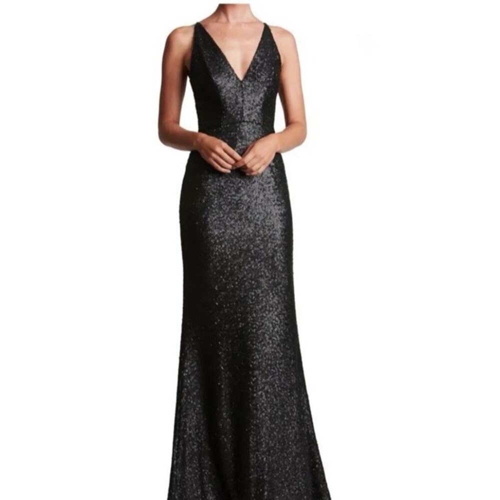 Dress The Population Black Sequin V-Neck Maxi Gown Dress Formal Evening Large